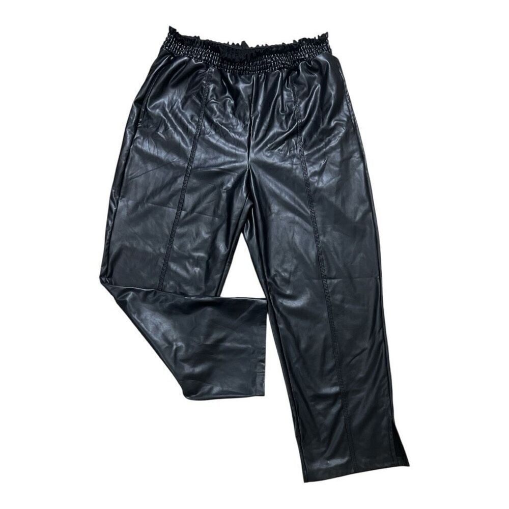 Ellen Tracy Women Black Faux Leather Pants Size M Paper Bag Waist Stretch Pocket